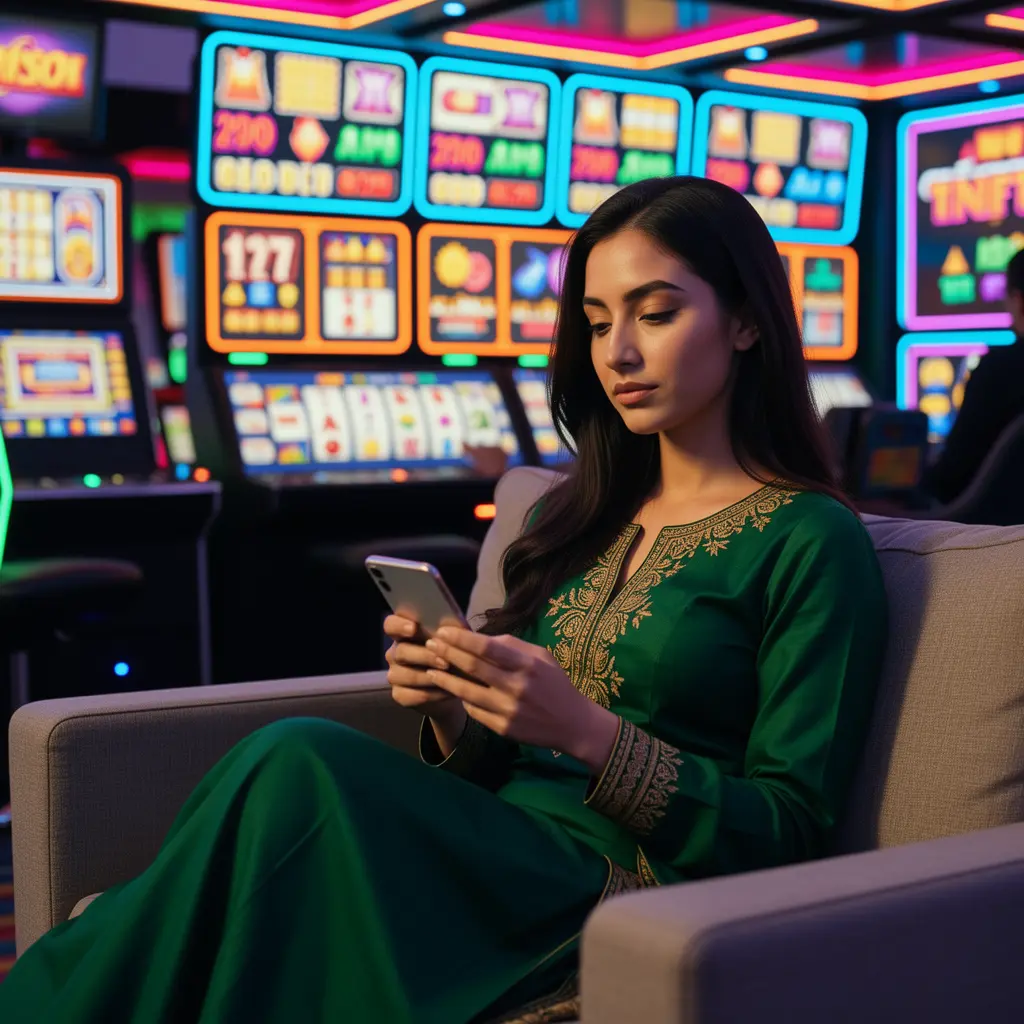 ZH66 App – A stylish and user friendly mobile casino experience for players in Pakistan Confident Pakistani woman using the ZH66 casino app on her smartphone while relaxing on a sofa with colorful neon casino lights behind her